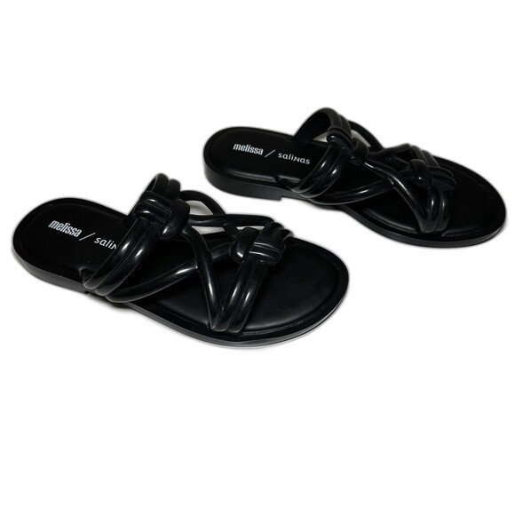 MELISSA SALINAS Women's Wave Slip On Strappy Black Sandals Flats 6 - Picture 2 of 6